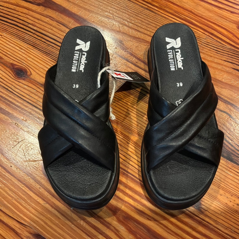NEW Rieker Evolution W0802 Slide Sandals Leather Criss Cross Platform 39/US 8